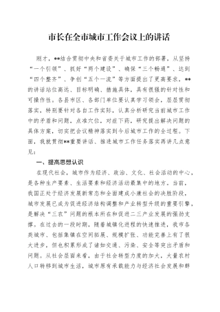 市长在全市城市工作会议上的讲话