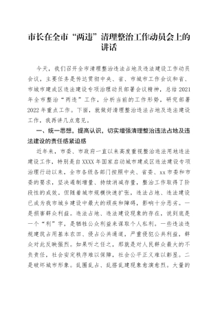 市长在全市“两违”清理整治工作动员会上的讲话