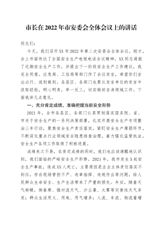 市长在2022年市安委会全体会议上的讲话