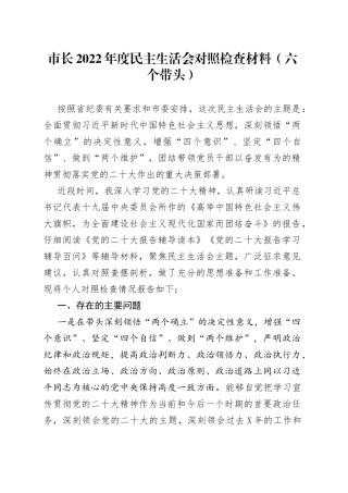 市长2022年度民主生活会对照检查材料六个带头56