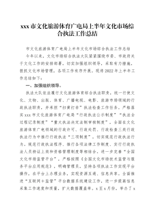 市文化旅游体育广电局上半年文化市场综合执法工作总结