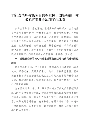 市社会治理样板项目典型案例：创新构建一核多元五型社会治理工作体系2