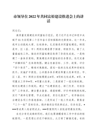 市领导在2022年共同富裕建设推进会上的讲话