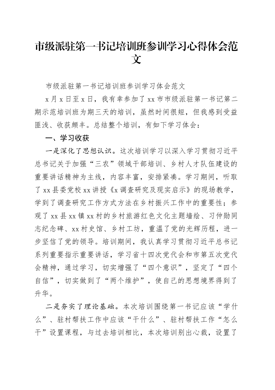 市级派驻第一书记培训班参训学习心得体会范文_第1页