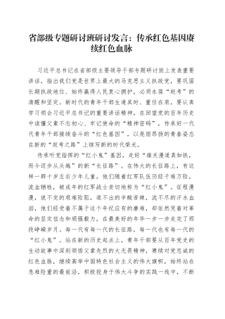 省部级专题研讨班研讨发言：传承红色基因赓续红色血脉90