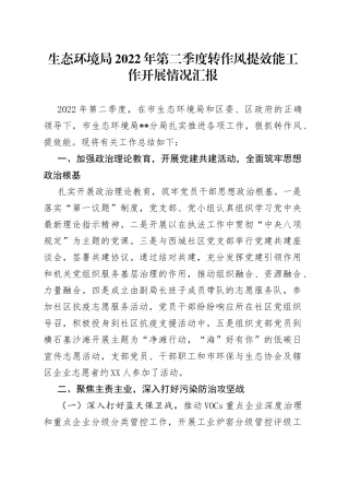 生态环境局2022年第二季度转作风提效能工作开展情况汇报
