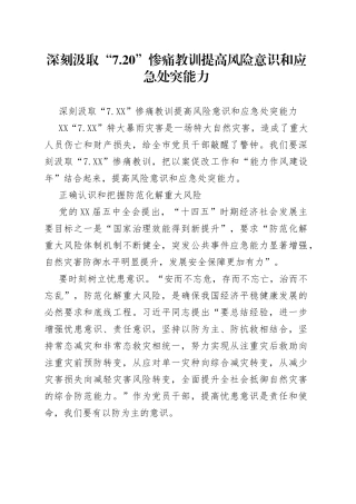 深刻汲取“7.20”惨痛教训提高风险意识和应急处突能力
