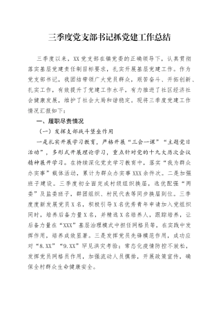 三季度党支部书记抓党建工作总结