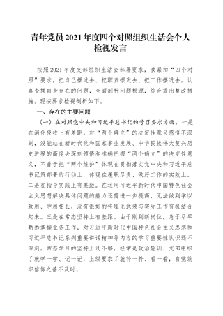 青年党员2021年度四个对照组织生活会个人检视发言