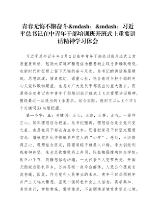 青春无悔不懈奋斗习近平总书记在中青年干部培训班开班式上重要讲话精神学习体会