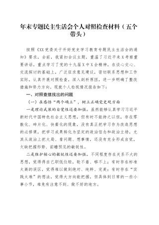 年末专题民主生活会个人对照检查材料（五个带头）