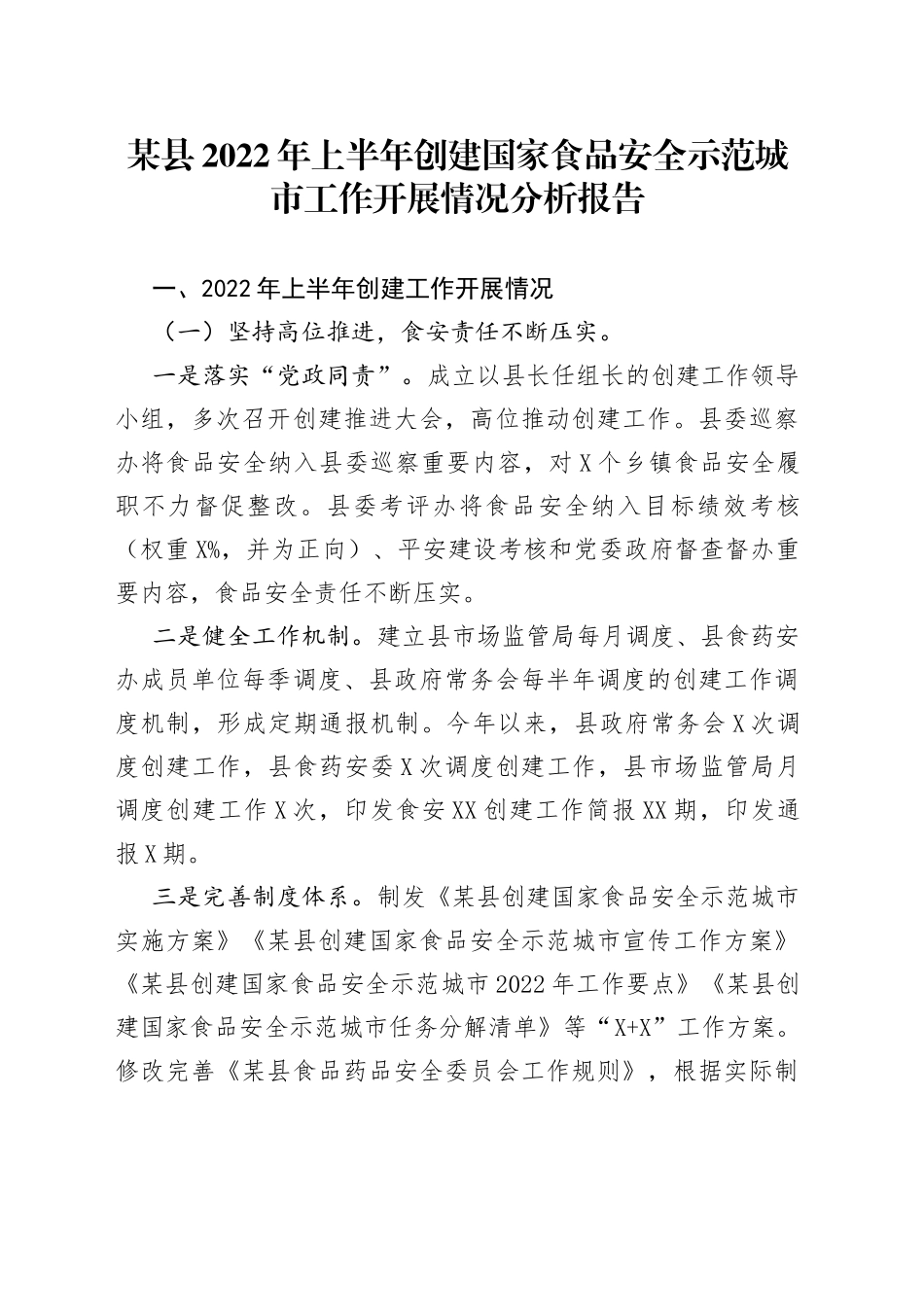 某县2022年上半年创建国家食品安全示范城市工作开展情况分析报告_第1页
