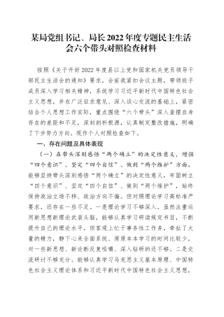 某局党组书记、局长2022年度专题民主生活会六个带头对照检查材料013