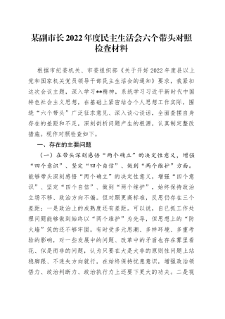 某副市长2022年度民主生活会六个带头对照检查材料759
