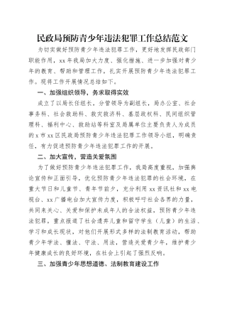 民政局预防青少年违法犯罪工作总结范文