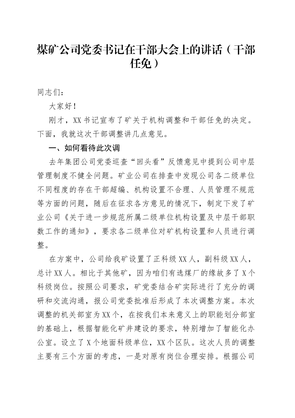 煤矿公司党委书记在干部大会上的讲话（干部任免）_第1页