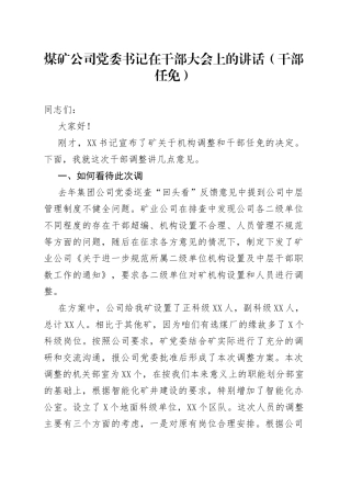 煤矿公司党委书记在干部大会上的讲话（干部任免）