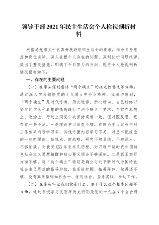 领导干部2021年民主生活会个人检视剖析材料