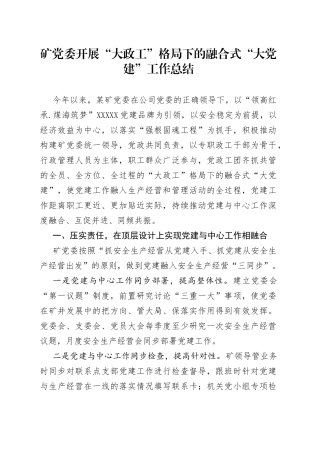 矿党委开展“大政工”格局下的融合式“大党建”工作总结