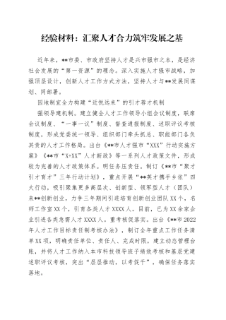 经验材料：汇聚人才合力筑牢发展之基