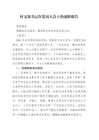 村支部书记在党员大会上的述职报告