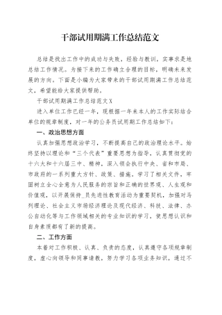 干部试用期满工作总结范文