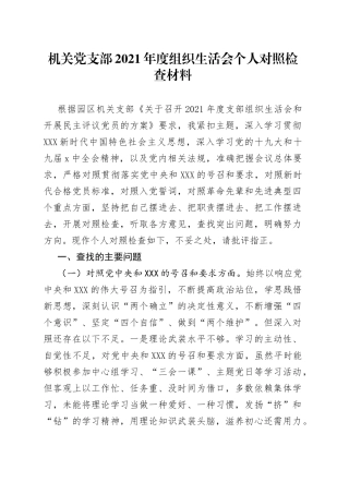 机关党支部2021年度组织生活会个人对照检查材料