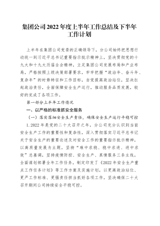 集团公司2022年度上半年工作总结及下半年工作计划