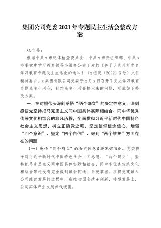 集团公司党委2021年专题民主生活会整改方案