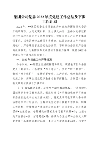 集团公司党委2022年度党建工作总结及下步工作计划
