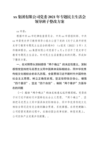 集团有限公司党委2021年专题民主生活会领导班子整改方案