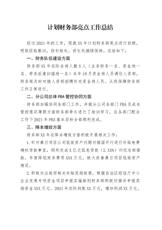 计划财务部亮点工作总结