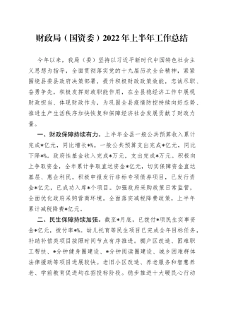 财政局（国资委）2022年上半年工作总结