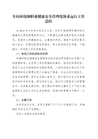 车间环境和职业健康安全管理化体系运行工作总结