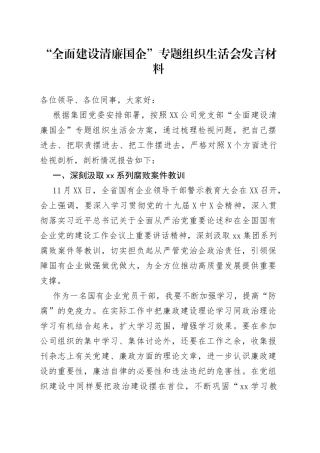 “全面建设清廉国企”专题组织生活会发言材料