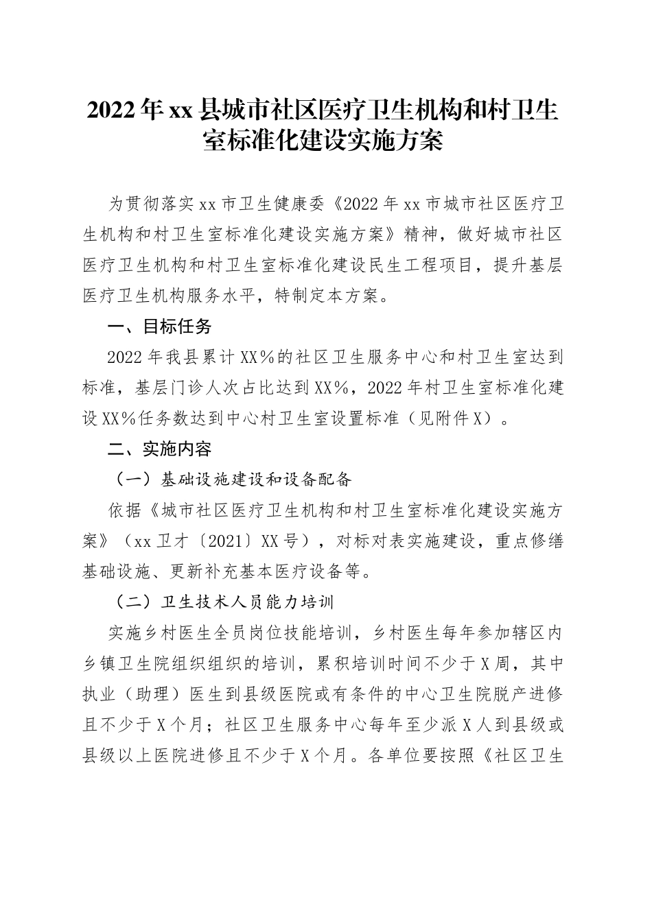 2022年xx县城市社区医疗卫生机构和村卫生室标准化建设实施方案_第1页