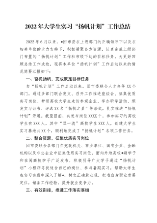 2022年大学生实习“扬帆计划”工作总结（1）