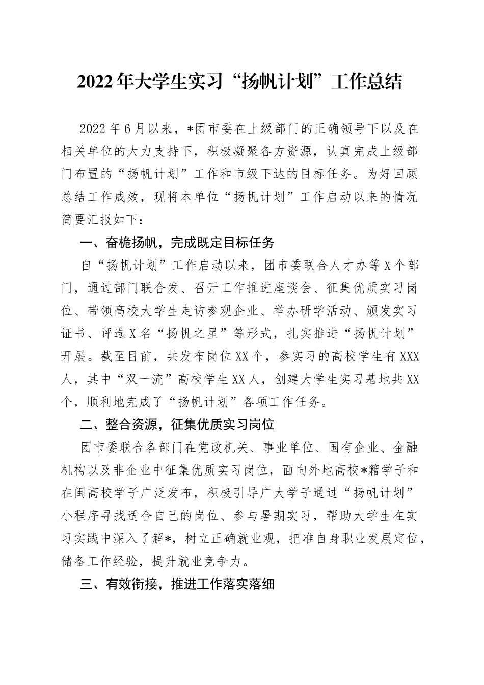 2022年大学生实习“扬帆计划”工作总结（2）_第1页