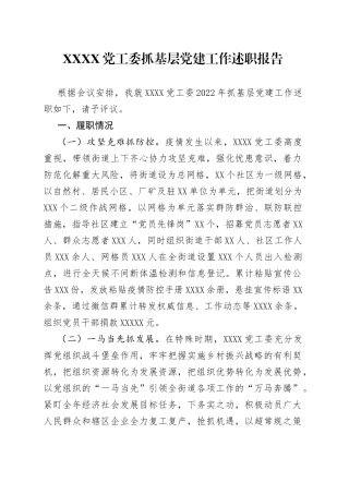 2022年党工委抓基层党建工作述职报告