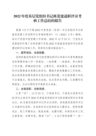 2022年度基层党组织书记抓党建述职评议考核工作总结的报告
