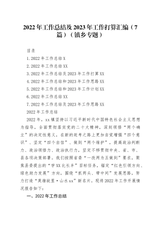 2022年工作总结及2023年工作打算汇编（7篇）（镇乡专题）