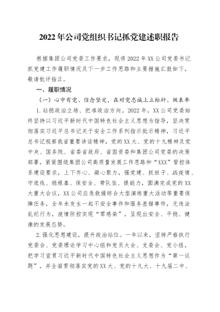 2022年公司党组织书记抓党建述职报告