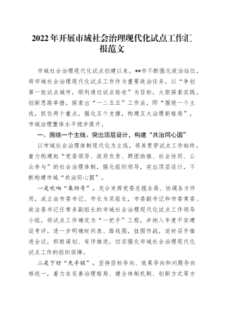 2022年开展市域社会治理现代化试点工作汇报范文
