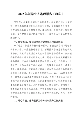 2022年领导个人述职报告（副职）