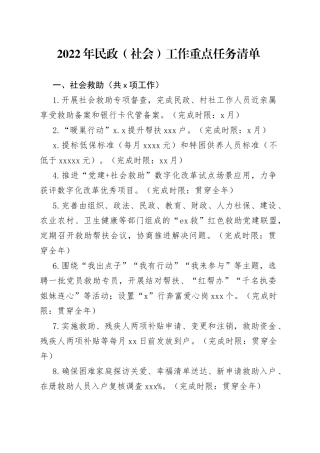 2022年民政（社会）工作重点任务清单