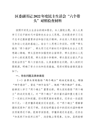 区委副书记2022年度民主生活会“六个带头”
