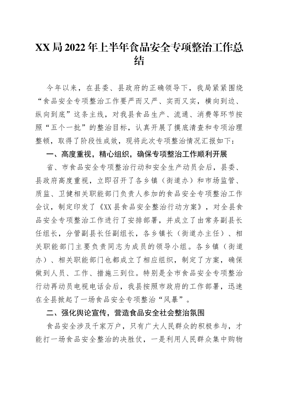 2022年上半年食品安全专项整治工作总结_第1页