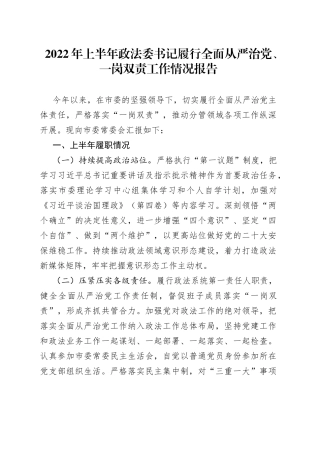 2022年上半年政法委书记履行全面从严治党、一岗双责工作情况报告