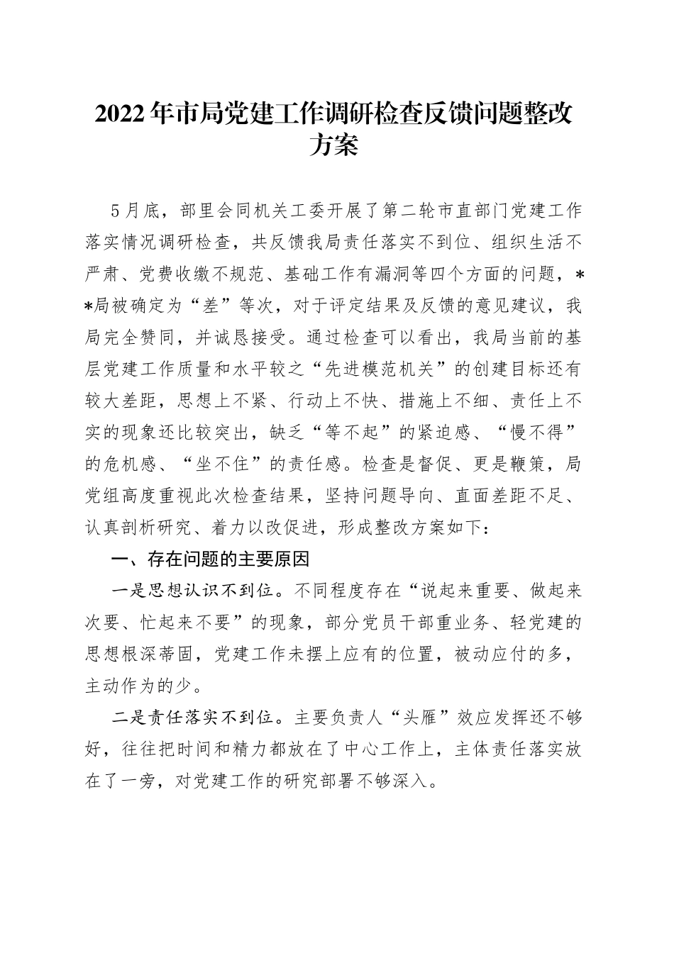 2022年市局党建工作调研检查反馈问题整改方案_第1页