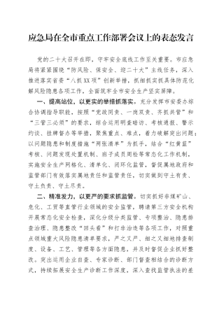2022年应急局在全市重点工作部署会议上的表态发言
